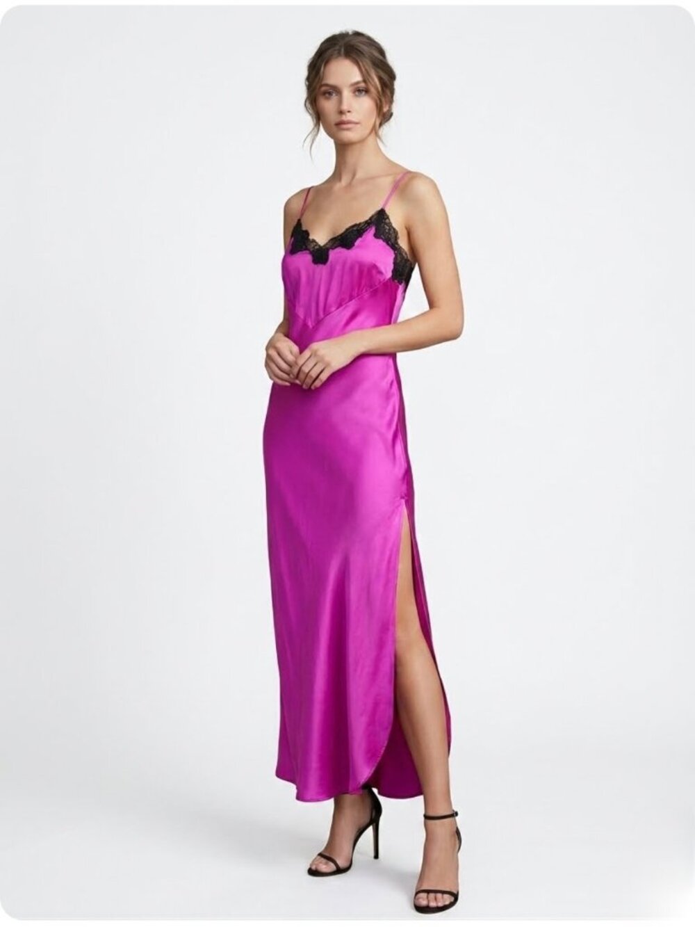 Slip dress magenta with black lace